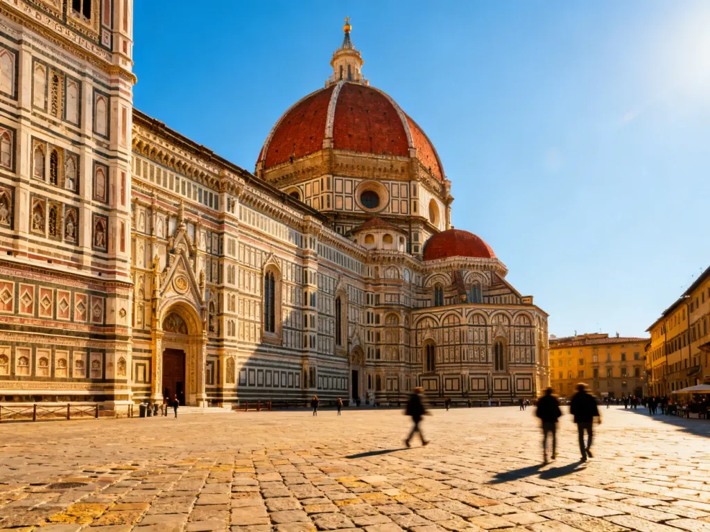 Katedra Santa Maria del Fiore we Florencji z charakterystyczną czerwoną kopułą i marmurową fasadą w słoneczny dzień.