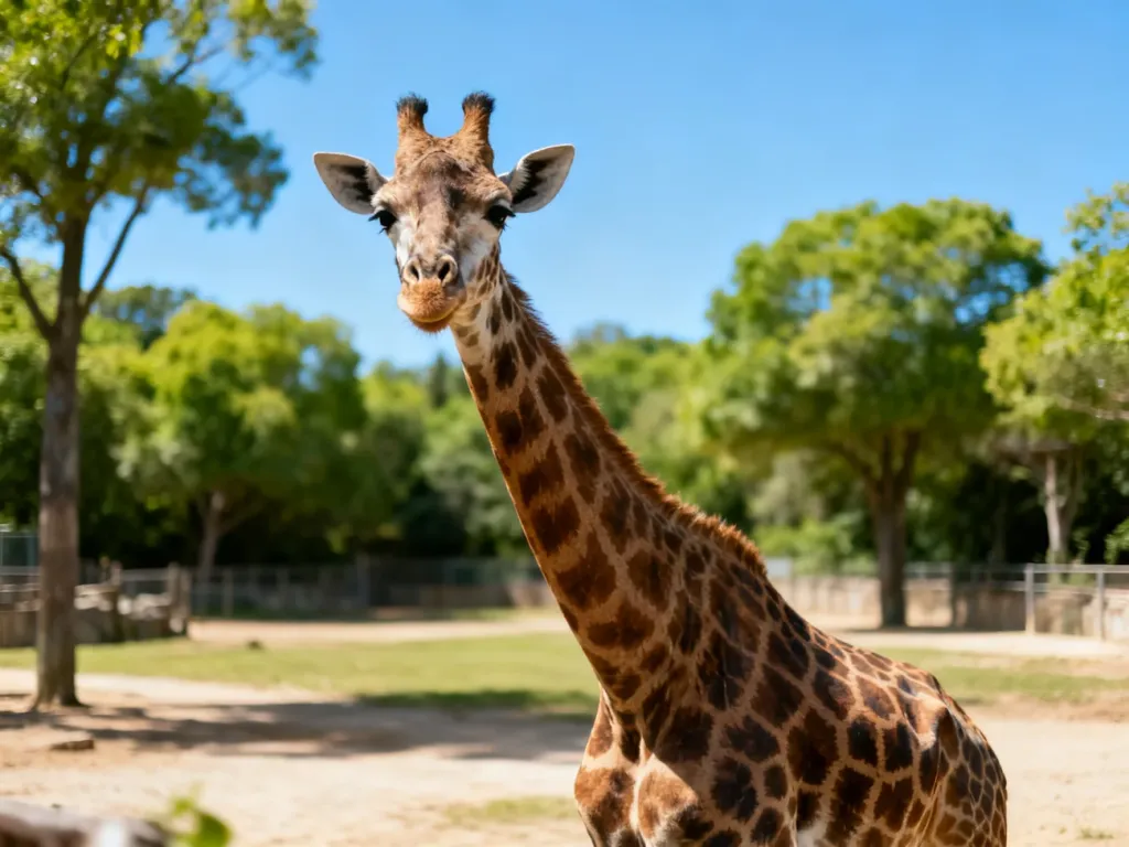 Żyrafa stojąca na wybiegu w gdańskim zoo na tle zielonych drzew i błękitnego nieba.