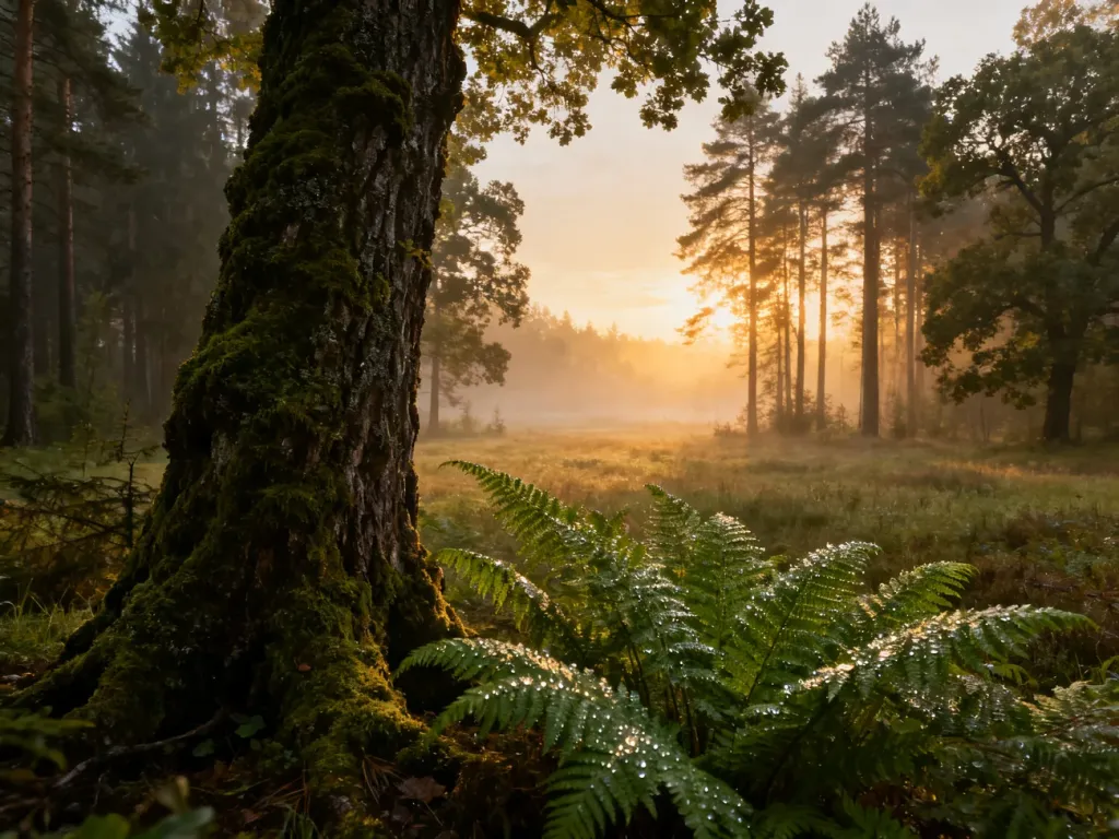Poranny, zamglony las w Biebrzańskim Parku Narodowym z mszystym pniem na pierwszym planie.